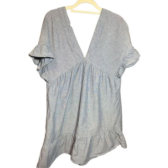 ASOS Washed Denim Low Vneck Babydoll dress Ruffle sleeves & Hem Sz 8 - Picture 2 of 9